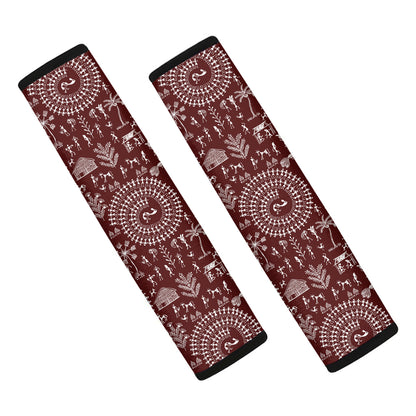 Red And White Warli Tribal Print Car Seat Belt Covers