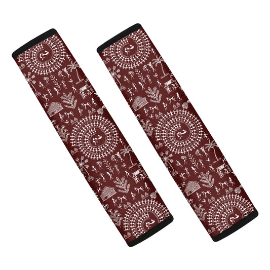 Red And White Warli Tribal Print Car Seat Belt Covers
