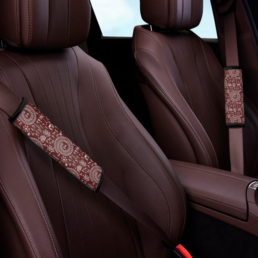 Red And White Warli Tribal Print Car Seat Belt Covers