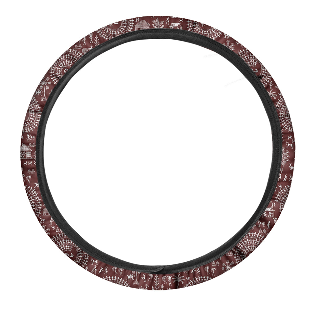 Red And White Warli Tribal Print Car Steering Wheel Cover