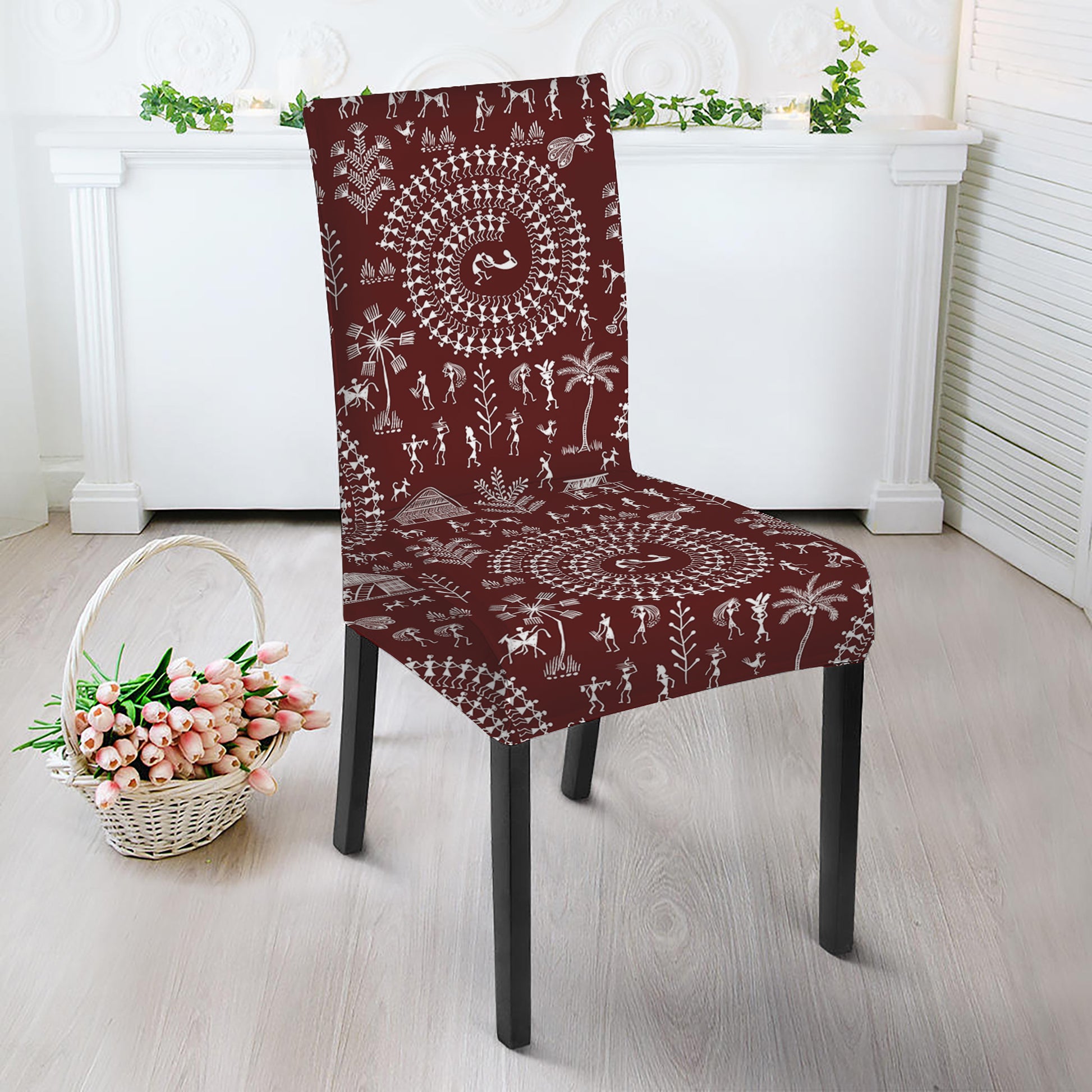 Red And White Warli Tribal Print Dining Chair Slipcover