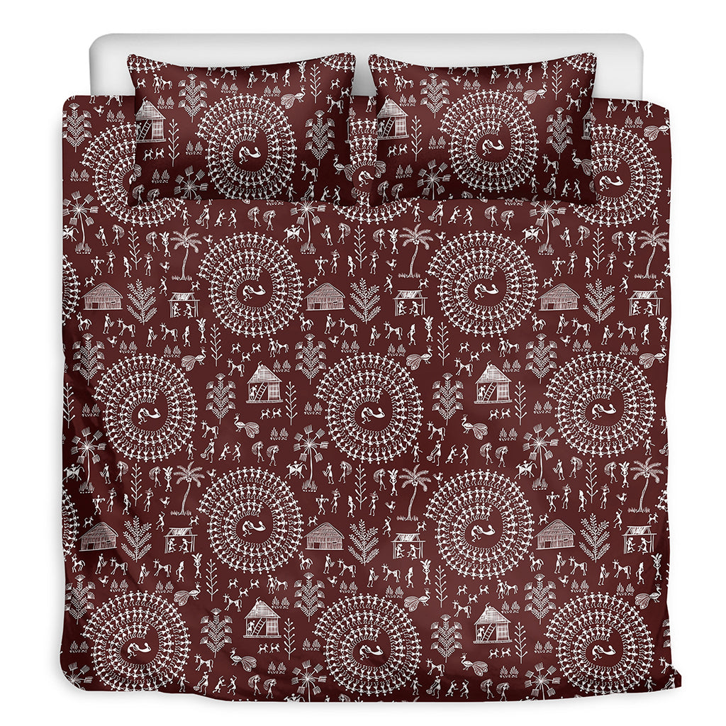 Red And White Warli Tribal Print Duvet Cover Bedding Set