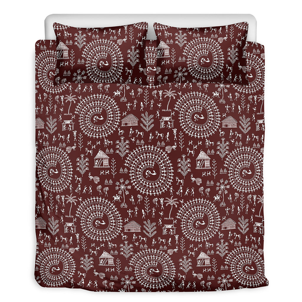 Red And White Warli Tribal Print Duvet Cover Bedding Set