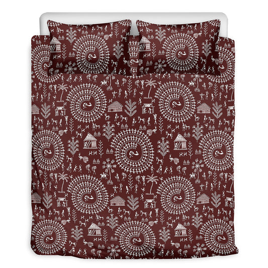 Red And White Warli Tribal Print Duvet Cover Bedding Set