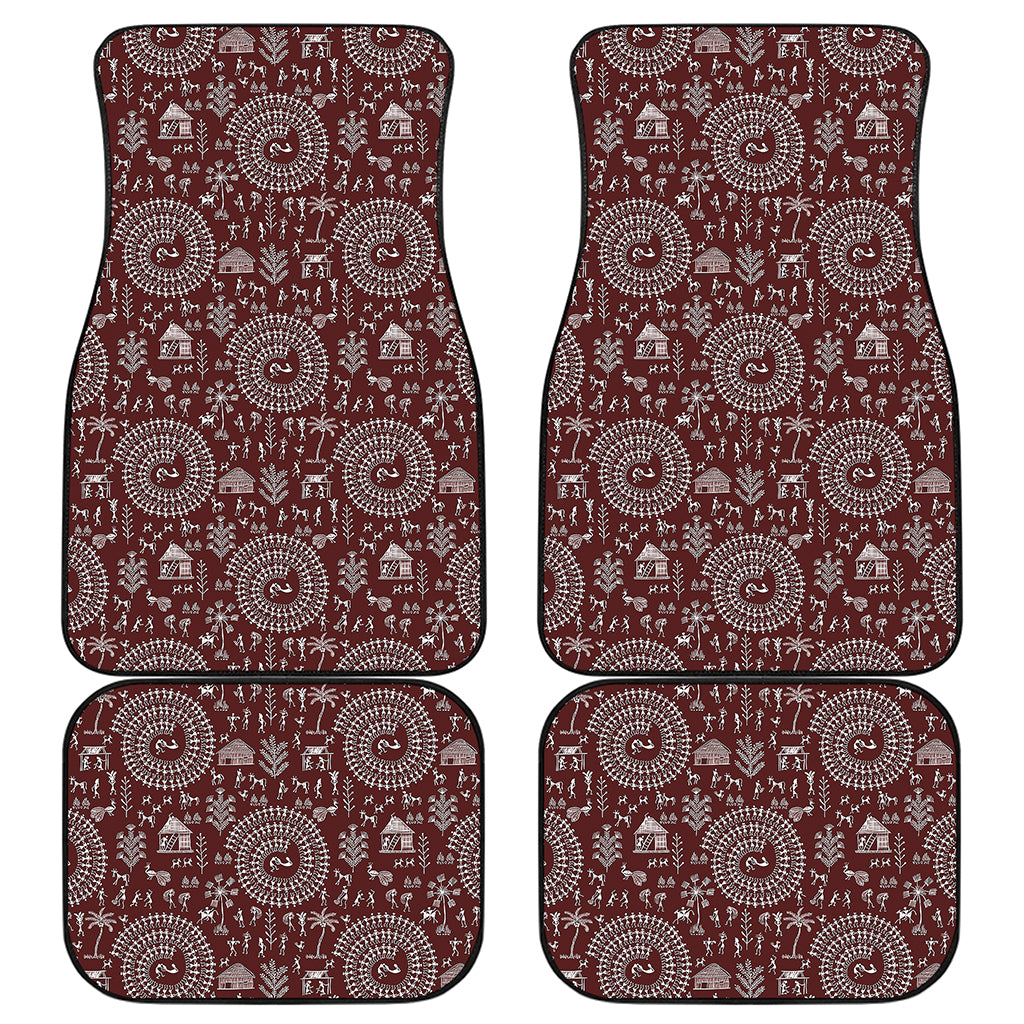 Red And White Warli Tribal Print Front and Back Car Floor Mats