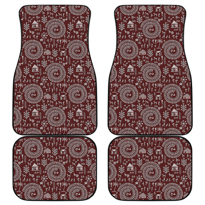 Red And White Warli Tribal Print Front and Back Car Floor Mats