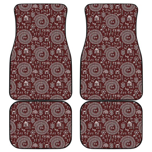 Red And White Warli Tribal Print Front and Back Car Floor Mats