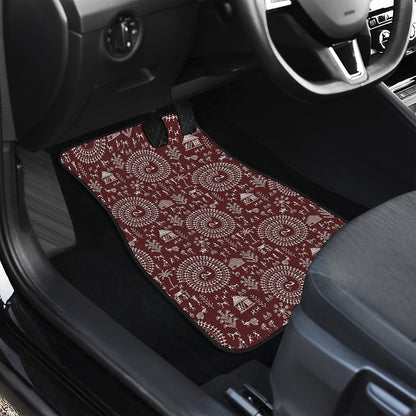 Red And White Warli Tribal Print Front and Back Car Floor Mats