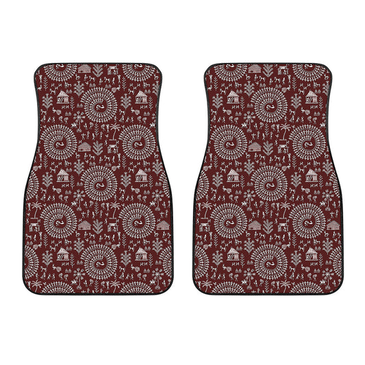 Red And White Warli Tribal Print Front Car Floor Mats