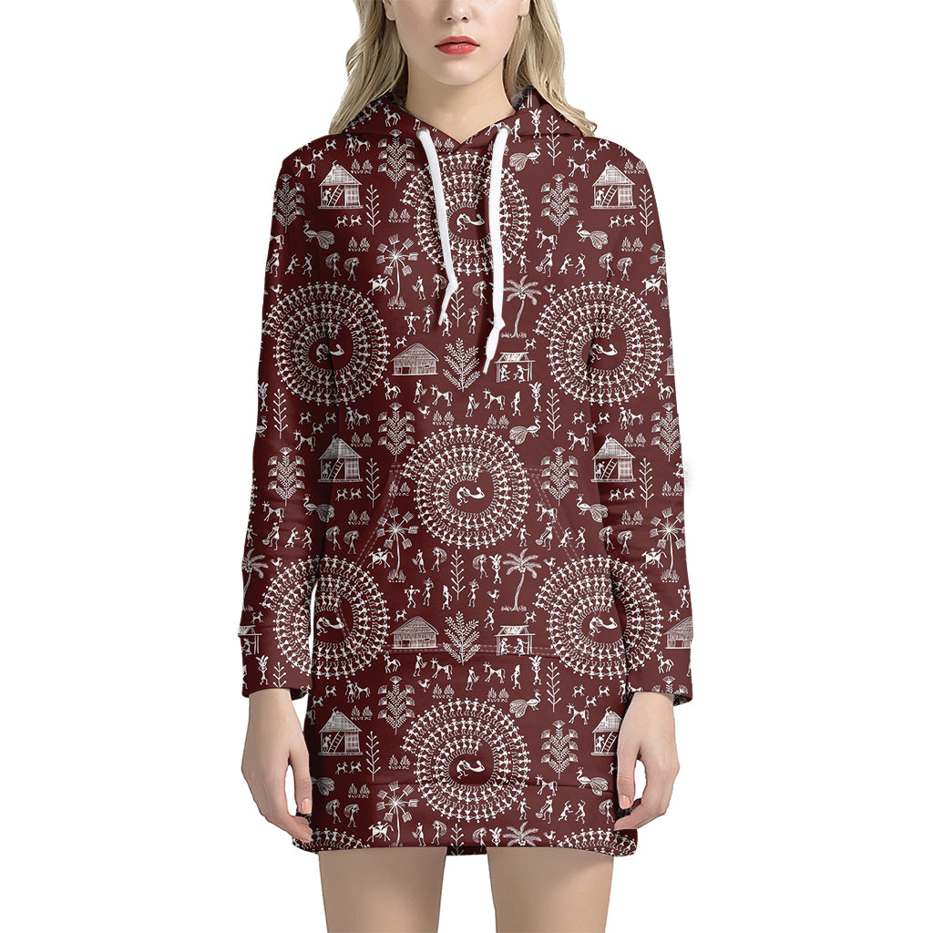 Red And White Warli Tribal Print Hoodie Dress