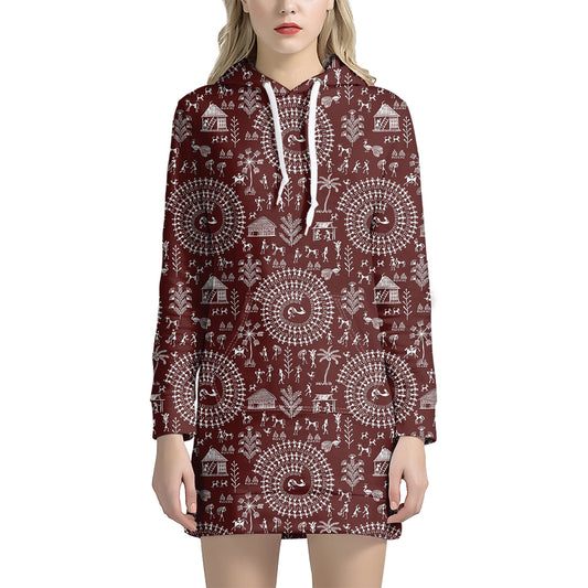 Red And White Warli Tribal Print Hoodie Dress