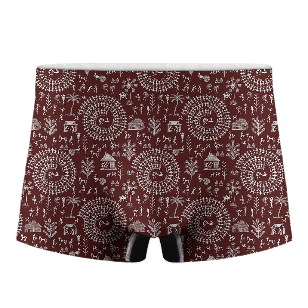 Red And White Warli Tribal Print Men's Boxer Briefs
