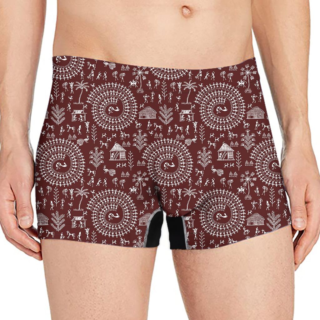 Red And White Warli Tribal Print Men's Boxer Briefs