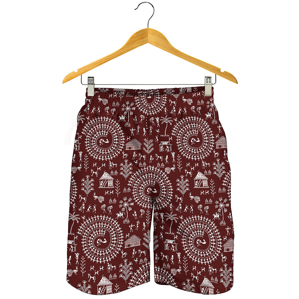 Red And White Warli Tribal Print Men's Shorts