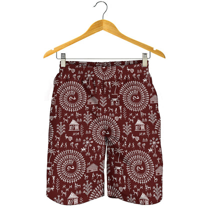 Red And White Warli Tribal Print Men's Shorts