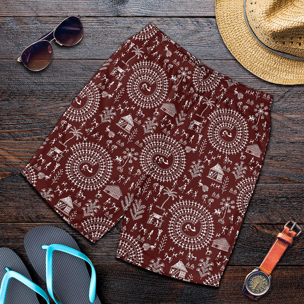 Red And White Warli Tribal Print Men's Shorts