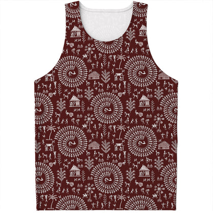 Red And White Warli Tribal Print Men's Tank Top
