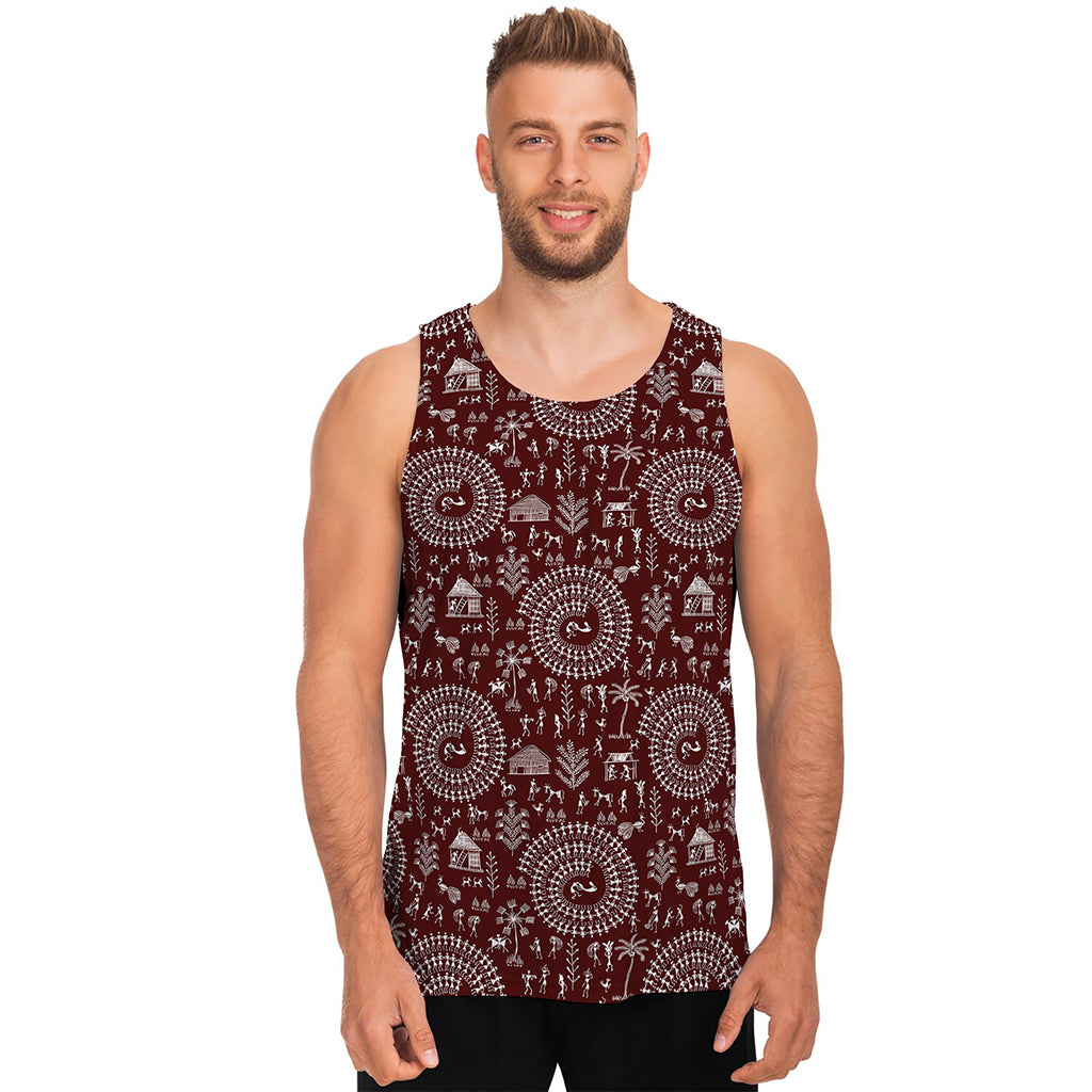 Red And White Warli Tribal Print Men's Tank Top