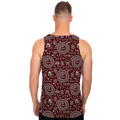 Red And White Warli Tribal Print Men's Tank Top
