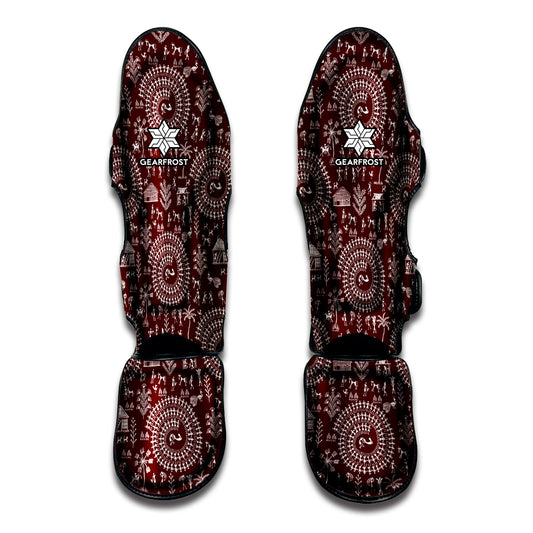 Red And White Warli Tribal Print Muay Thai Shin Guard