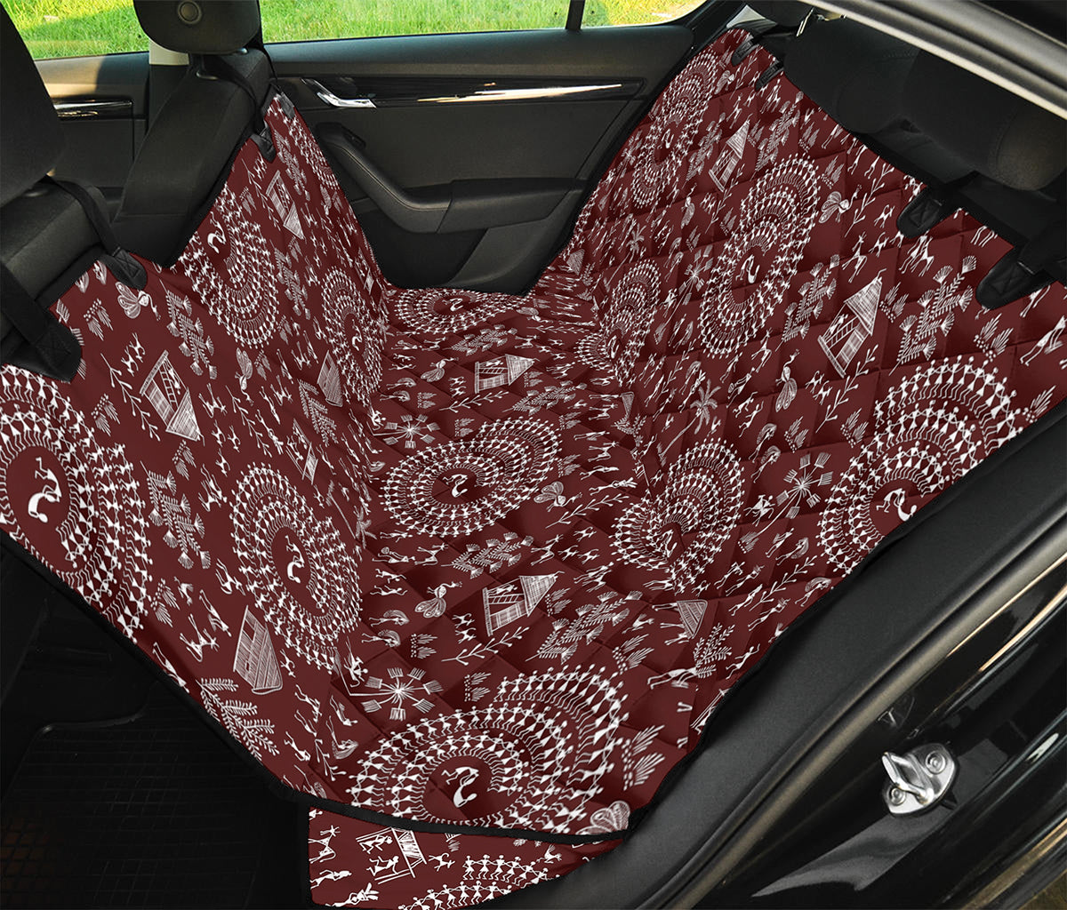 Red And White Warli Tribal Print Pet Car Back Seat Cover
