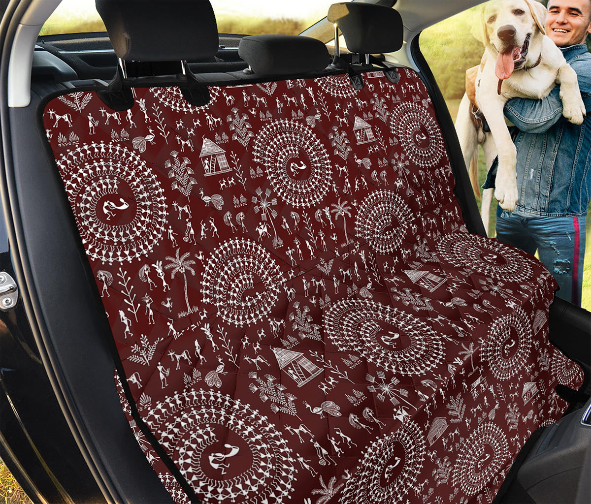 Red And White Warli Tribal Print Pet Car Back Seat Cover