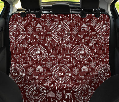 Red And White Warli Tribal Print Pet Car Back Seat Cover