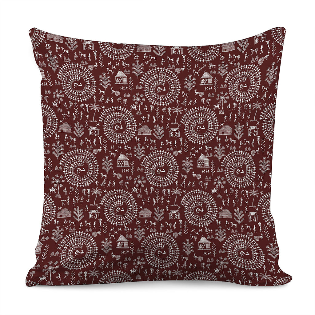 Red And White Warli Tribal Print Pillow Cover