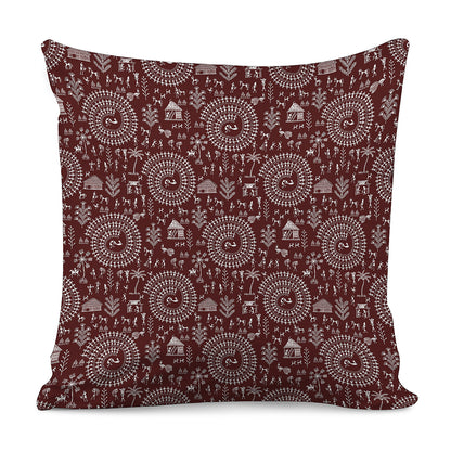Red And White Warli Tribal Print Pillow Cover