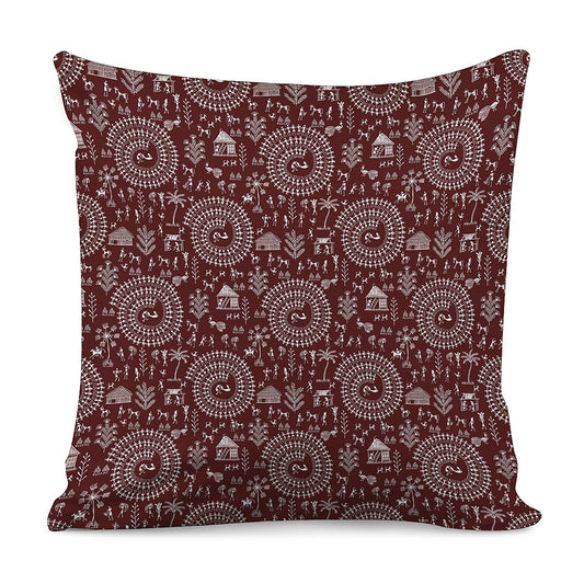 Red And White Warli Tribal Print Pillow Cover