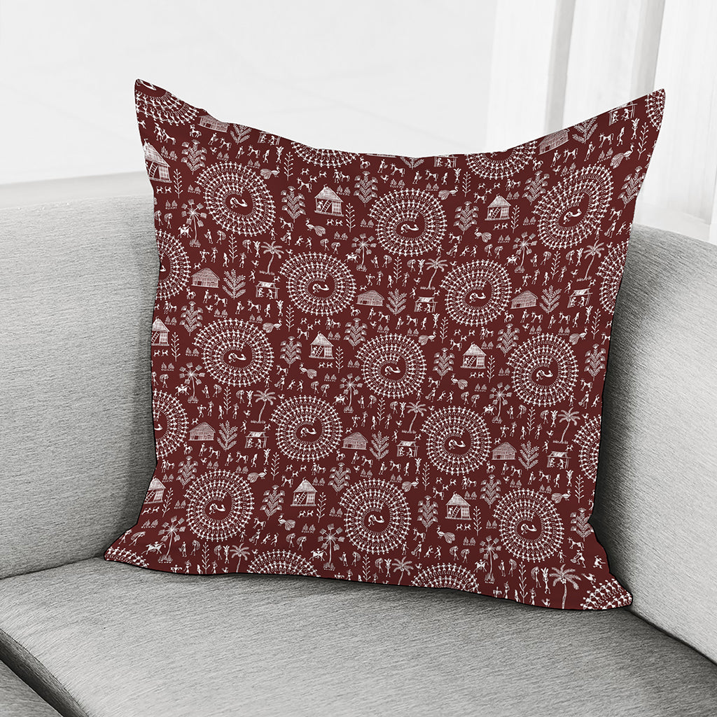 Red And White Warli Tribal Print Pillow Cover