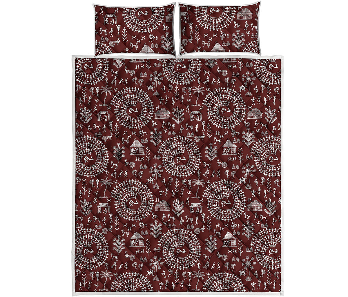Red And White Warli Tribal Print Quilt Bed Set