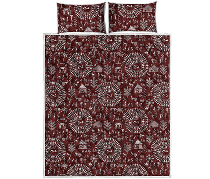 Red And White Warli Tribal Print Quilt Bed Set