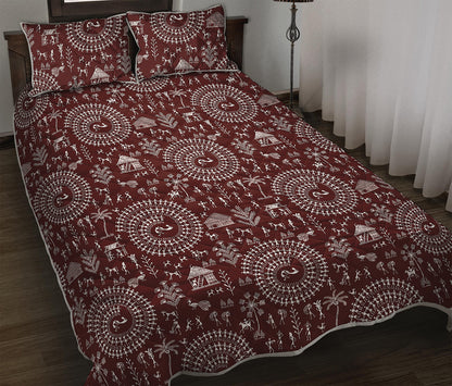 Red And White Warli Tribal Print Quilt Bed Set