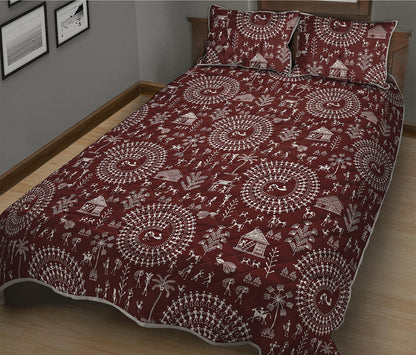 Red And White Warli Tribal Print Quilt Bed Set