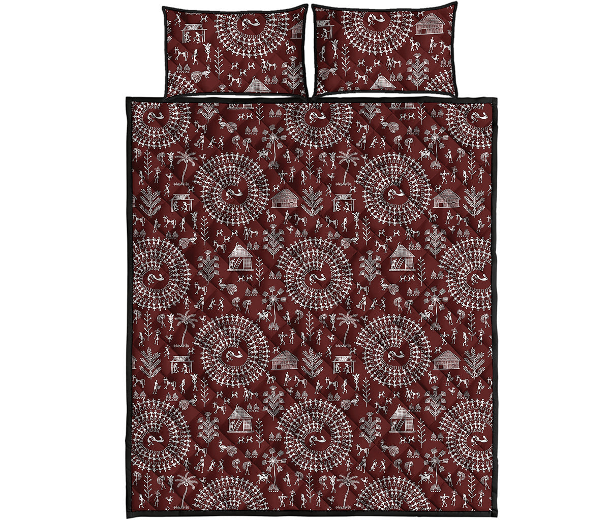 Red And White Warli Tribal Print Quilt Bed Set