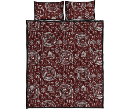 Red And White Warli Tribal Print Quilt Bed Set