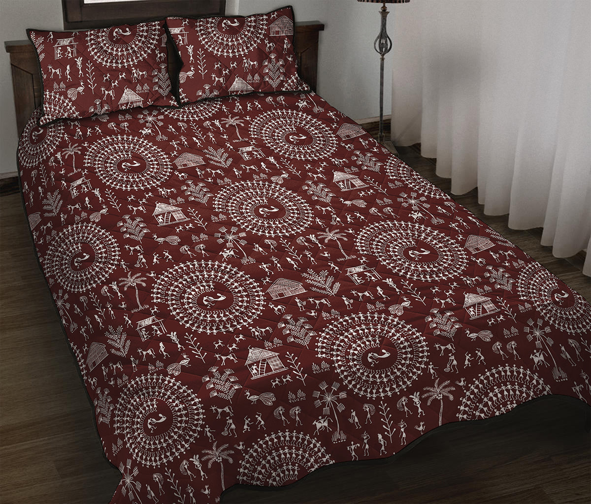 Red And White Warli Tribal Print Quilt Bed Set