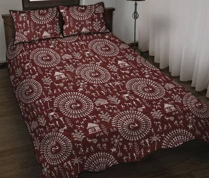 Red And White Warli Tribal Print Quilt Bed Set