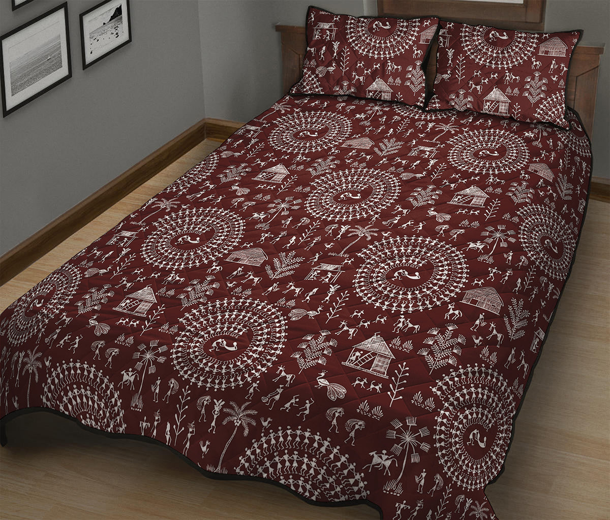 Red And White Warli Tribal Print Quilt Bed Set