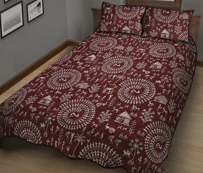 Red And White Warli Tribal Print Quilt Bed Set