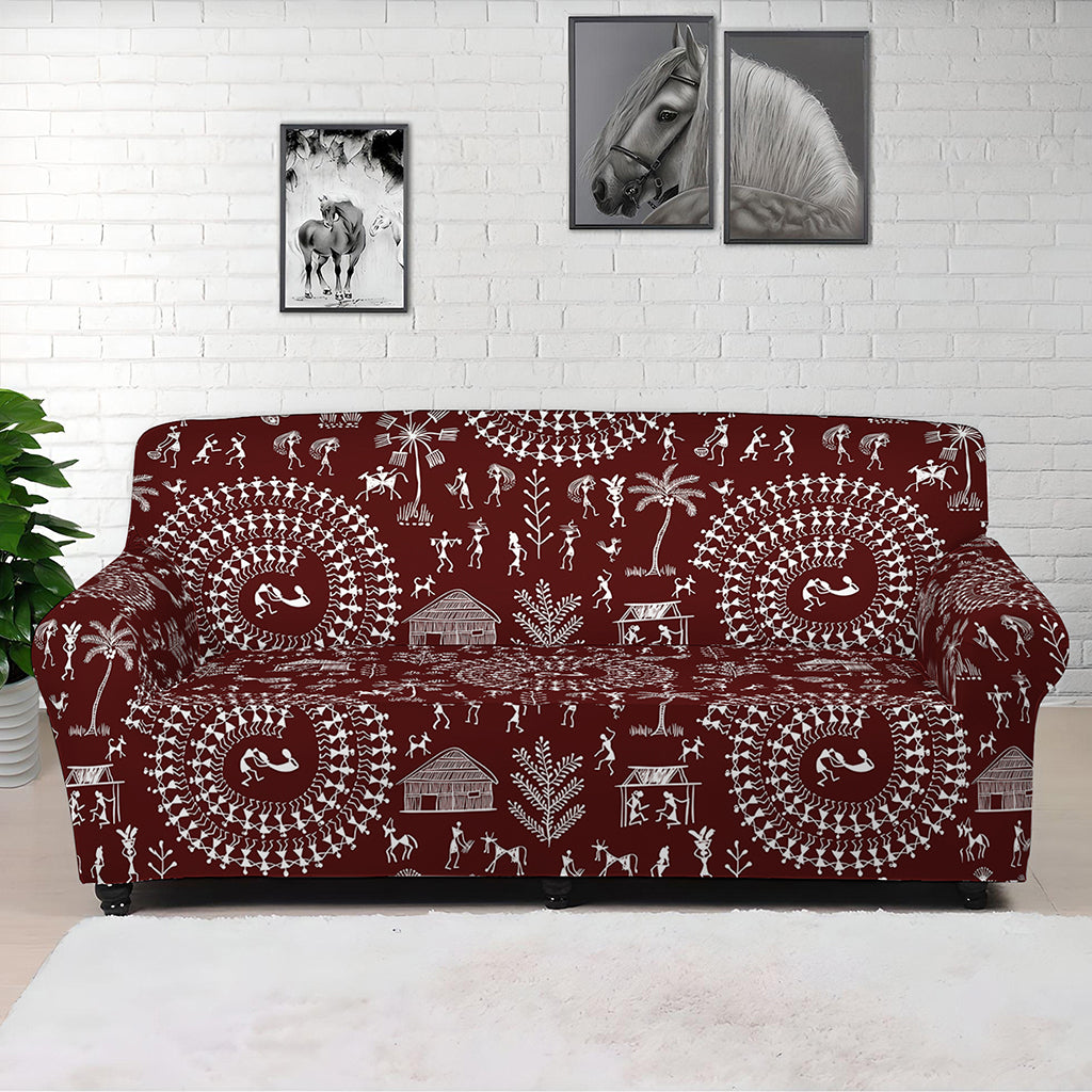 Red And White Warli Tribal Print Sofa Cover
