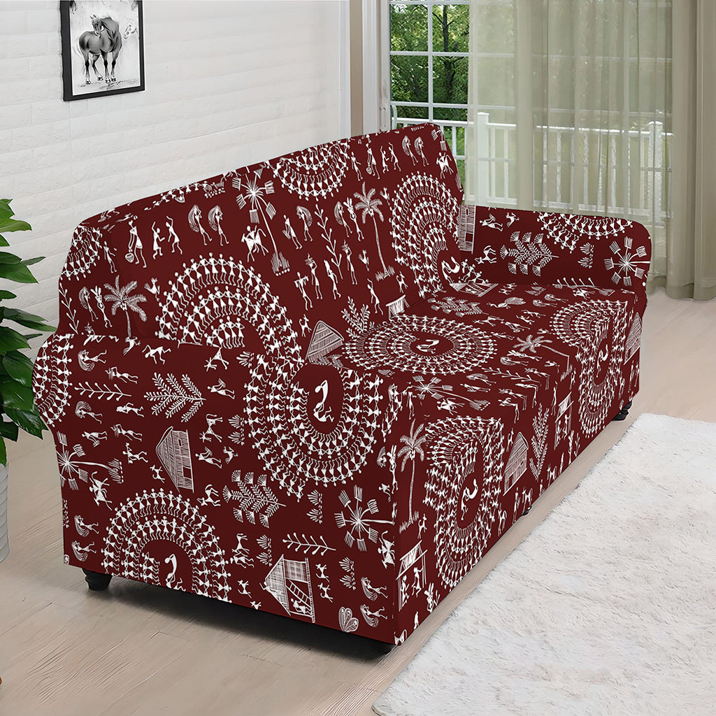 Red And White Warli Tribal Print Sofa Cover