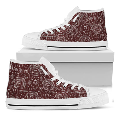 Red And White Warli Tribal Print White High Top Shoes