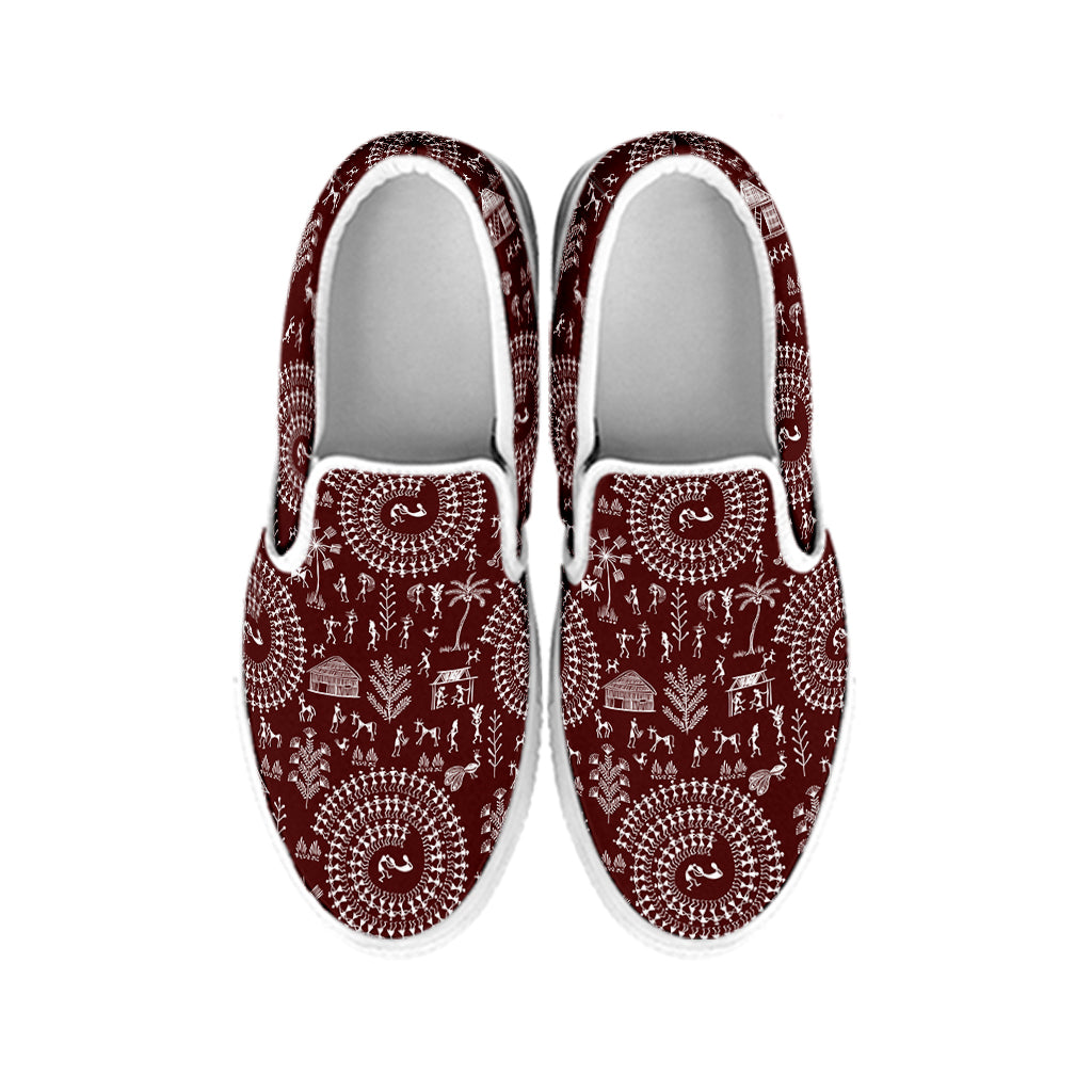 Red And White Warli Tribal Print White Slip On Shoes