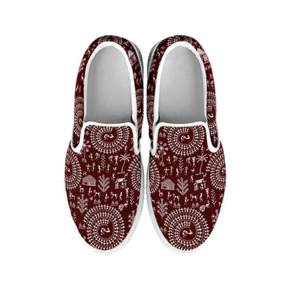 Red And White Warli Tribal Print White Slip On Shoes