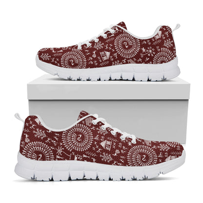 Red And White Warli Tribal Print White Sneakers