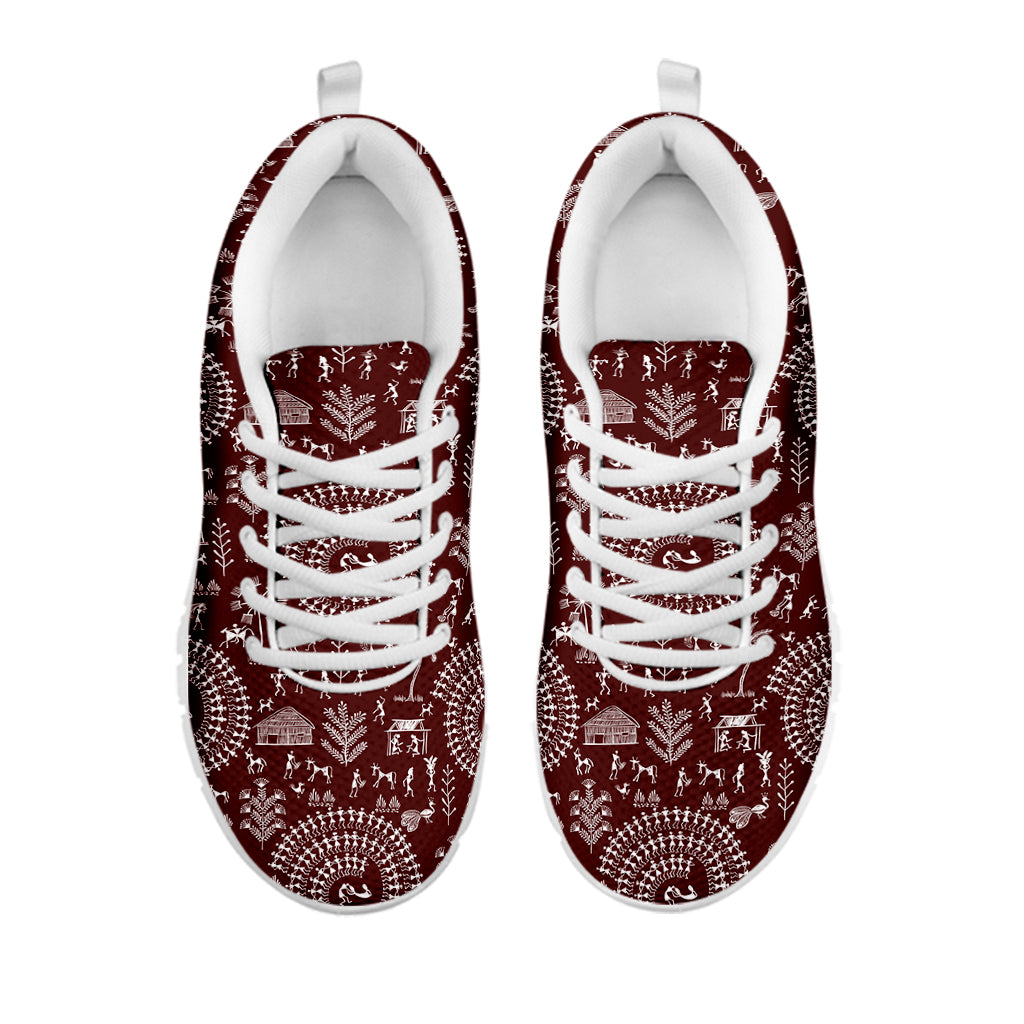 Red And White Warli Tribal Print White Sneakers