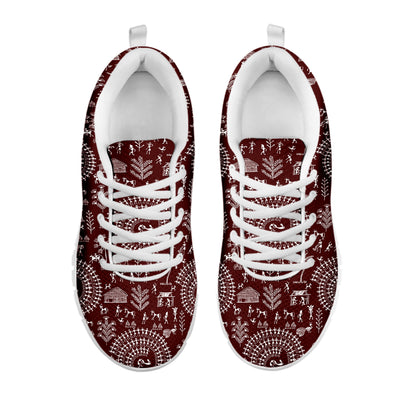 Red And White Warli Tribal Print White Sneakers