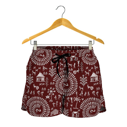 Red And White Warli Tribal Print Women's Shorts